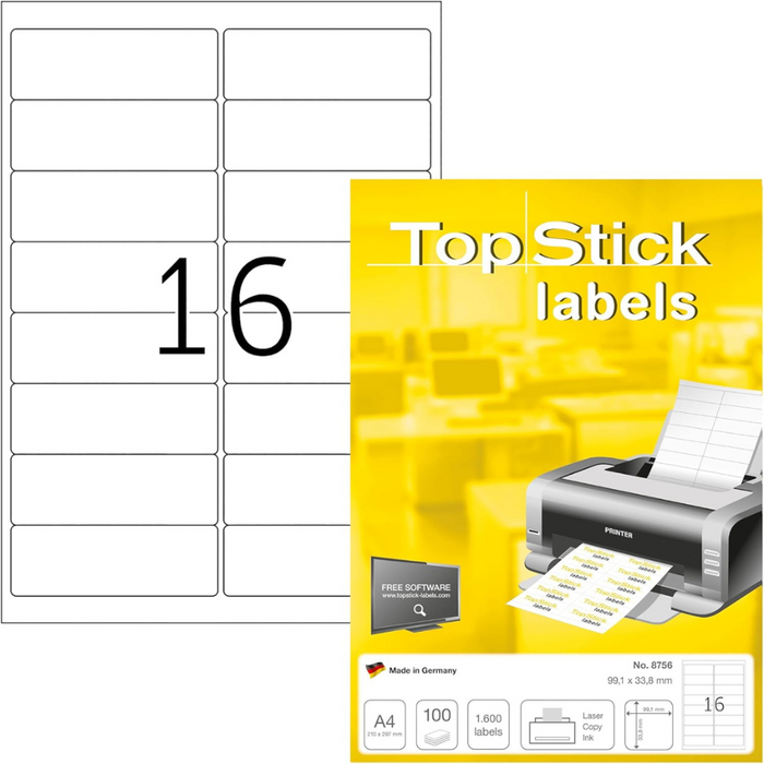 TOP STICK Self Adhesive Multi-Purpose Labels, 16 Labels Per A4 Sheet, 100 Sheets Laser And Inkjet Printers
