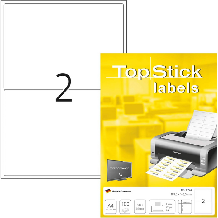 TOP STICK Self Adhesive Multi-Purpose Labels, 2 Labels Per A4 Sheet, 100 Sheets Laser And Inkjet Printers