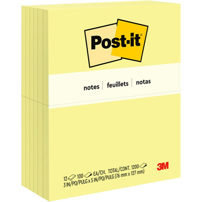 Post-it Sticky Notes Canary Yellow 655, 3 x 5 in (76 x 127 mm), 12 Pads Pack