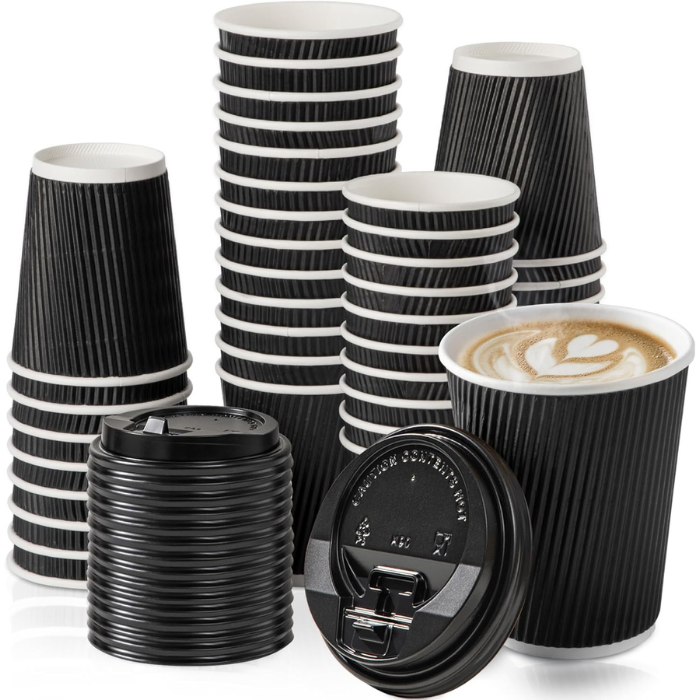 12 Oz Black Ripple Paper Cups With Lid