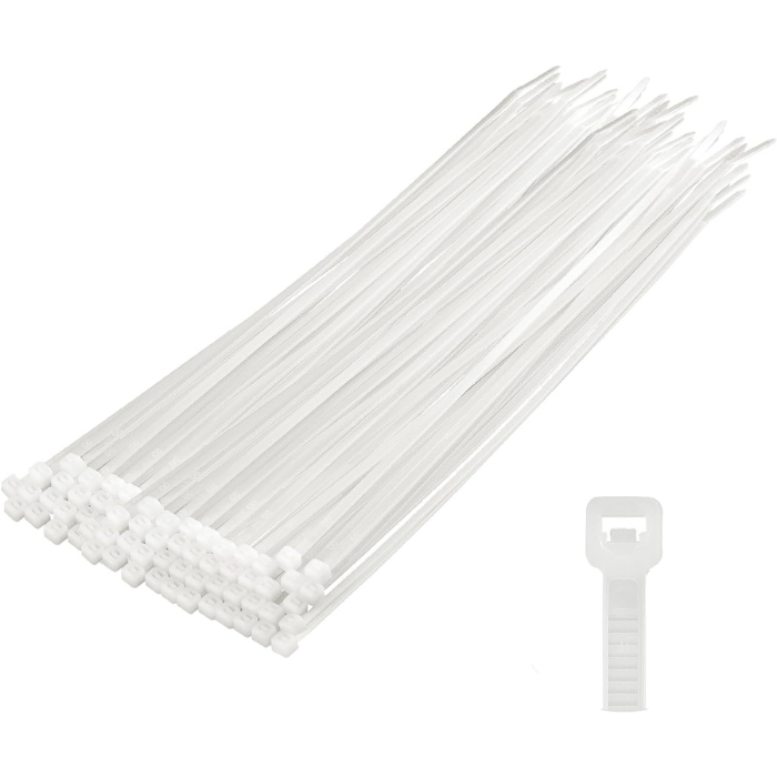 White Cable Ties 200mm x 3.6mm (Pack of 100) – 18Kg Strength, Self-Locking Nylon Zip Ties