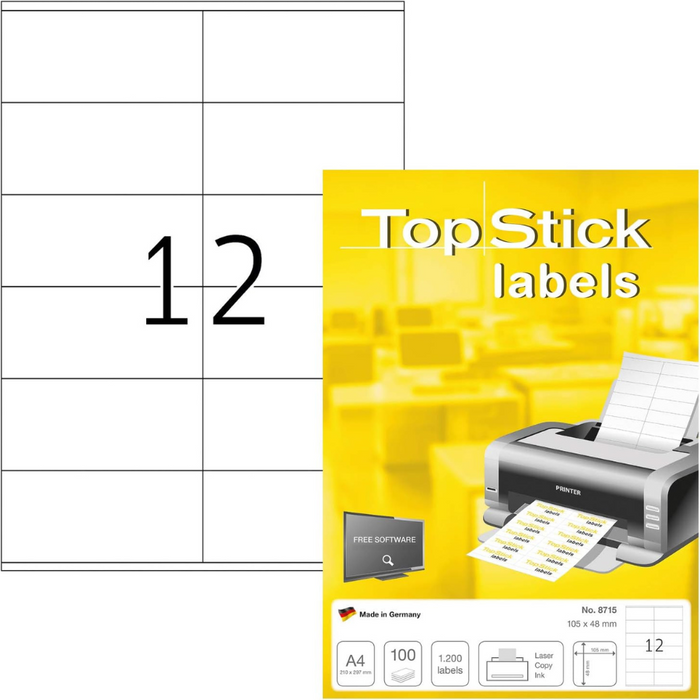 TOP STICK Self Adhesive Multi-Purpose Labels, 12 Labels Per A4 Sheet, 100 Sheets Laser And Inkjet Printers
