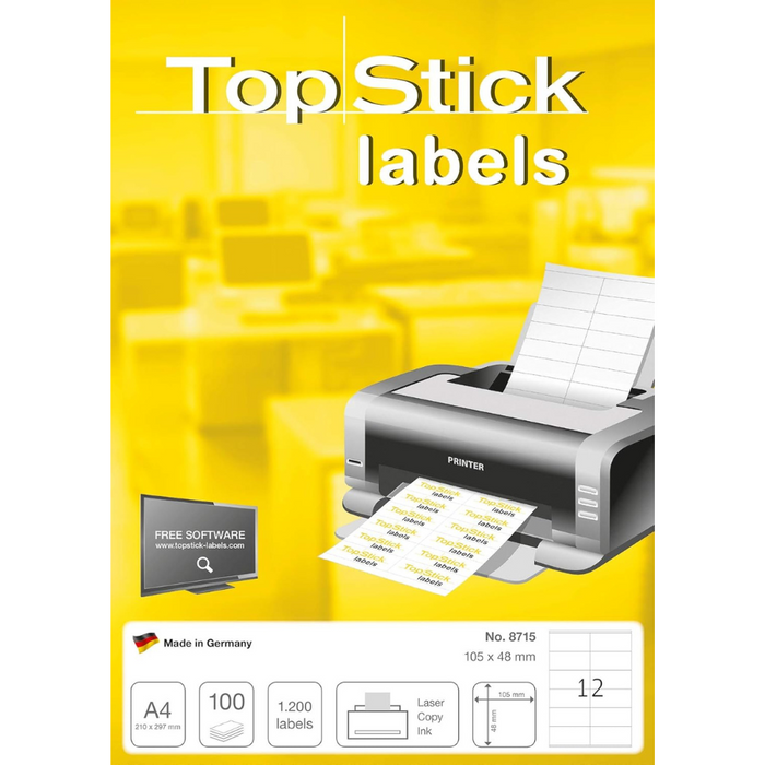 TOP STICK Self Adhesive Multi-Purpose Labels, 12 Labels Per A4 Sheet, 100 Sheets Laser And Inkjet Printers