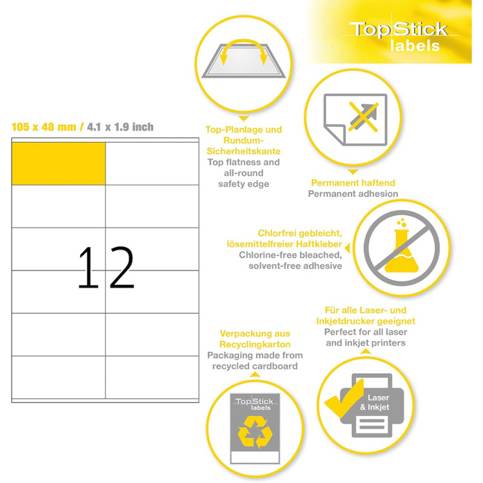 TOP STICK Self Adhesive Multi-Purpose Labels, 12 Labels Per A4 Sheet, 100 Sheets Laser And Inkjet Printers