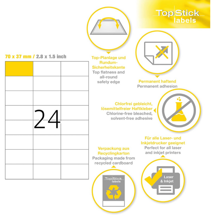 TOP STICK Self Adhesive Multi-Purpose Labels, 24 Labels Per A4 Sheet, 100 Sheets Laser And Inkjet Printers