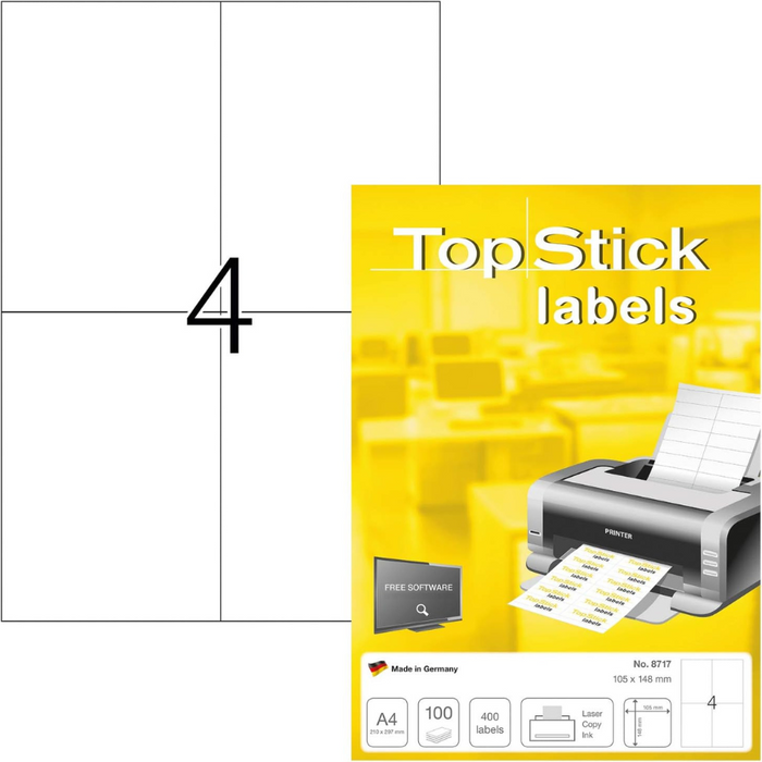 TOP STICK Self Adhesive Multi-Purpose Labels, 4 Labels Per A4 Sheet, 100 Sheets Laser And Inkjet Printers