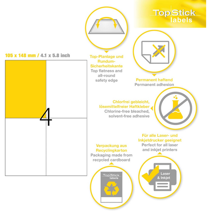 TOP STICK Self Adhesive Multi-Purpose Labels, 4 Labels Per A4 Sheet, 100 Sheets Laser And Inkjet Printers