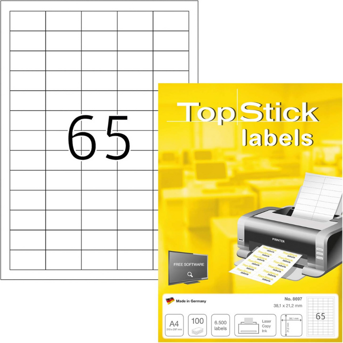 TOP STICK Self Adhesive Multi-Purpose Labels, 65 Labels Per A4 Sheet, 100 Sheets Laser And Inkjet Printers