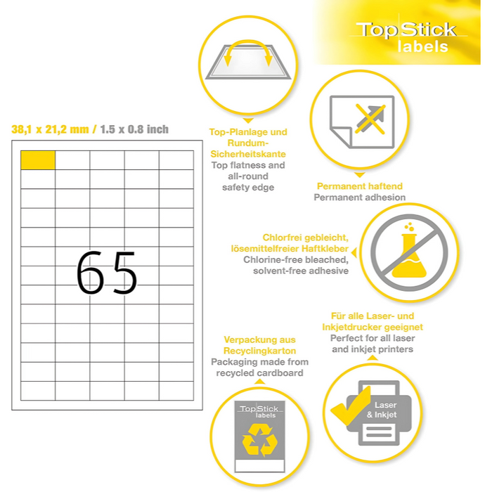 TOP STICK Self Adhesive Multi-Purpose Labels, 65 Labels Per A4 Sheet, 100 Sheets Laser And Inkjet Printers