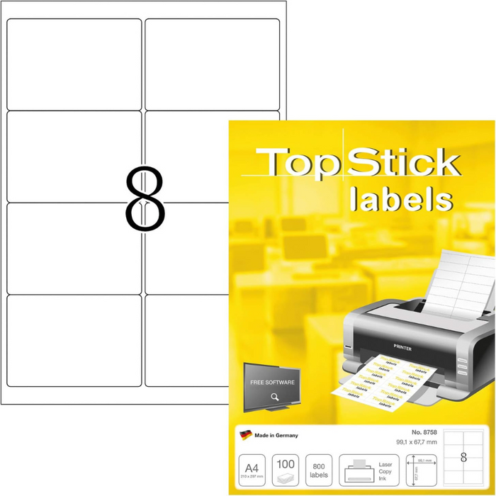 TOP STICK Self Adhesive Multi-Purpose Labels, 8 Labels Per A4 Sheet, 100 Sheets Laser And Inkjet Printers