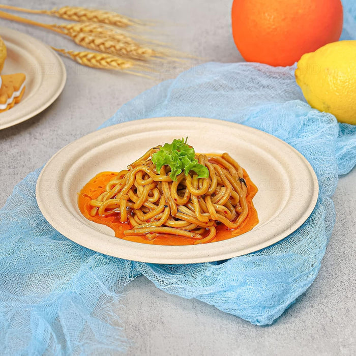 7-Inch Biodegradable Baggase Plates Heavy-Duty, Disposable.