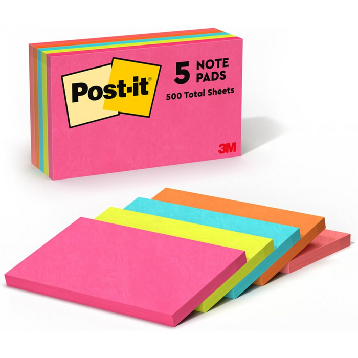Post-it Sticky Notes Neon Colors 655-5PK, 3 x 5 in (76 x 127 mm), 5 Pads Pack