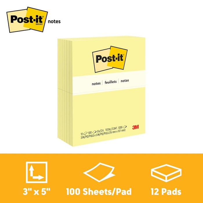 Post-it Sticky Notes Canary Yellow 655, 3 x 5 in (76 x 127 mm), 12 Pads Pack