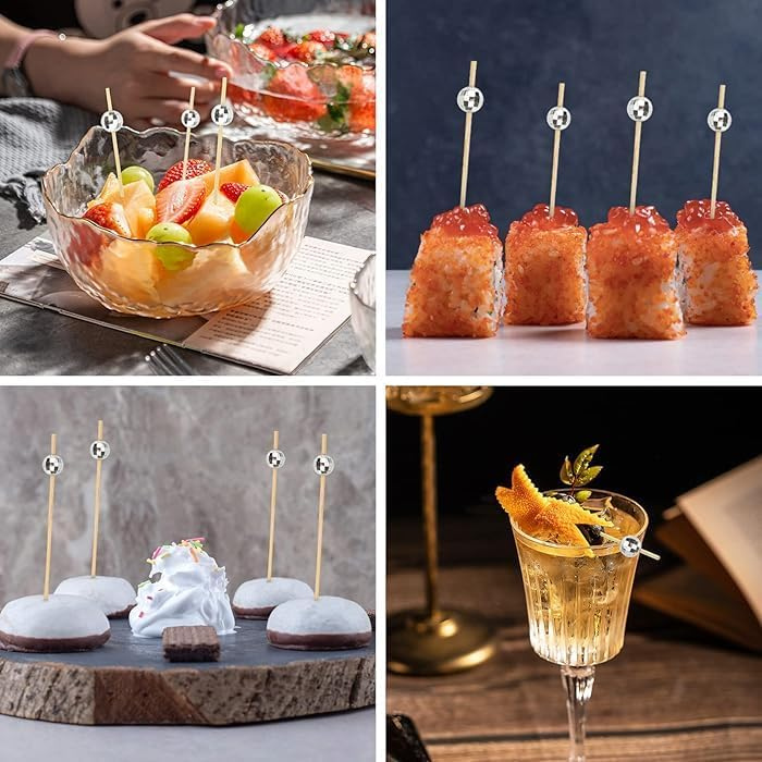 12 CM/4.7 Inches  Disposable Bamboo Skewers Disco Ball Decorative, Compostable and Earth Friendly.