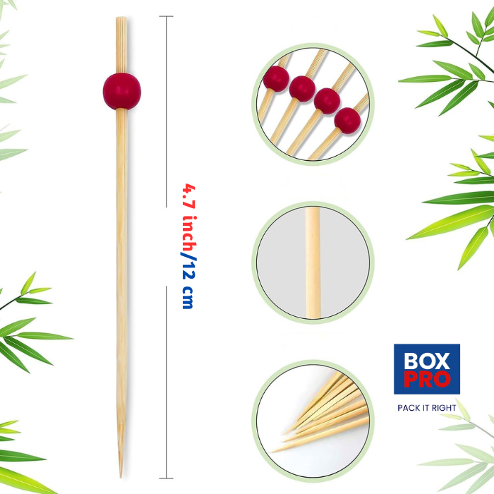 12 CM/4.7 Inches  Disposable Bamboo Skewers Red Pearl Shape, Compostable and Earth Friendly.