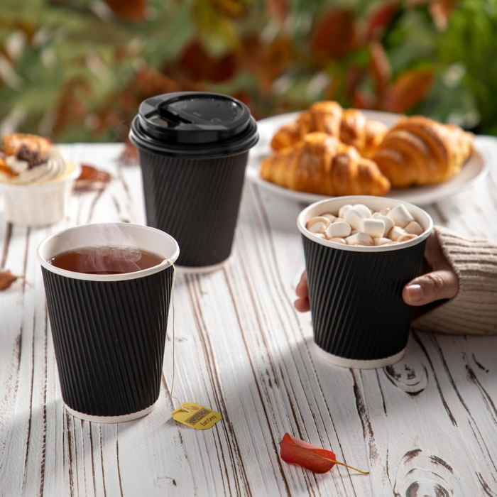 12 Oz Black Ripple Paper Cups With Lid