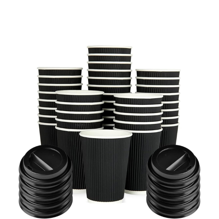 8 Oz Black Ripple Paper Cups With Lid