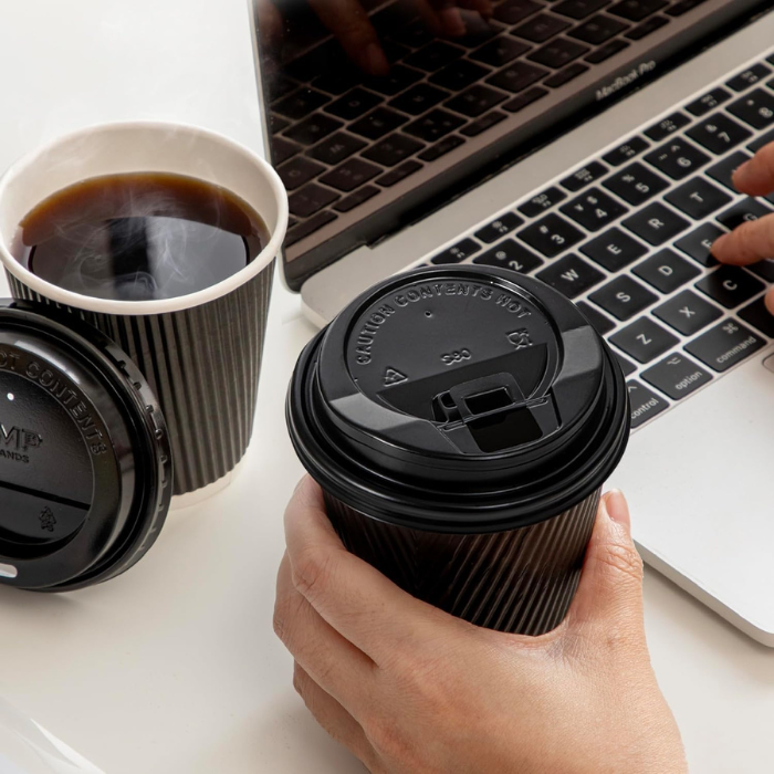 8 Oz Black Ripple Paper Cups With Lid