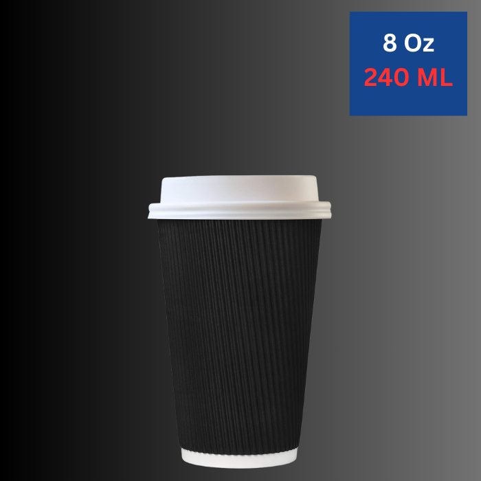 8 Oz Black Ripple Paper Cups With Lid