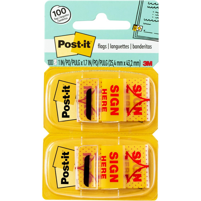Post-it Flags "Sign Here" 1 x 1.7 in (25.4 mm x 43.2 mm) Yellow 2 Dispenser Pack